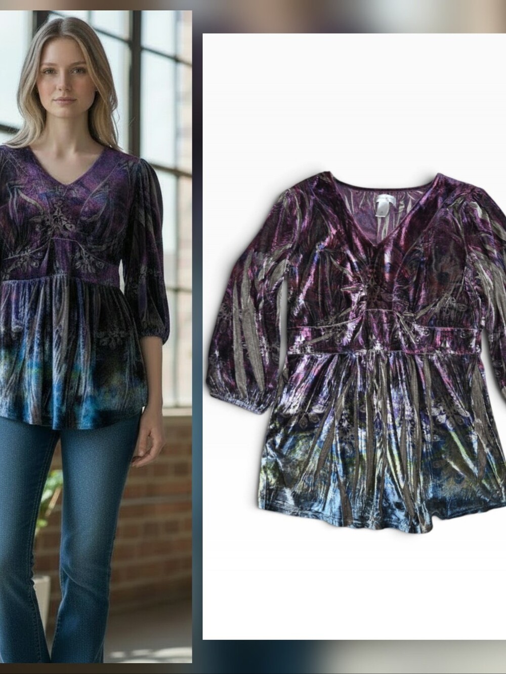 Y2K Peacock Pattern Teal Purple Velour M Long Tunic Shirt Fairy Whimsy Witchy